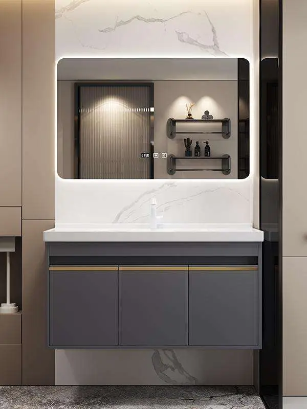 Modern Minimalist Gray Wooden MDF Wall-Mounted Bathroom Vanity Combo LED Illuminated Mirror Stain-Resistant Ceramic Basi — view 4