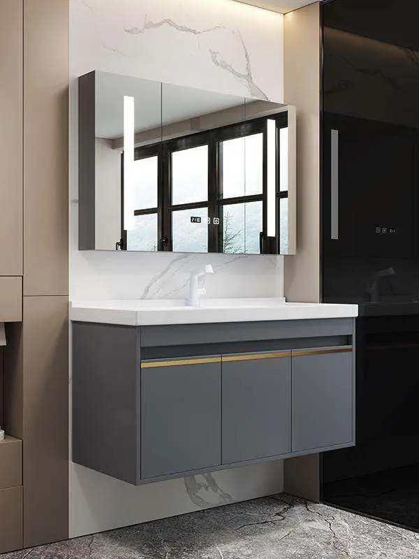 Modern Minimalist Gray Wooden MDF Wall-Mounted Bathroom Vanity Combo LED Illuminated Mirror Stain-Resistant Ceramic Basi — view 5