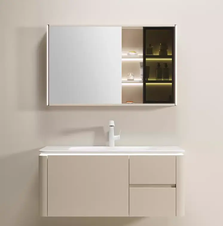 Modern Style Wooden Bathroom Cabinet Set Lacquer Finish Integrated Ceramic Wall-Mounted Basin Waterproof LED Storage Hot — view 1