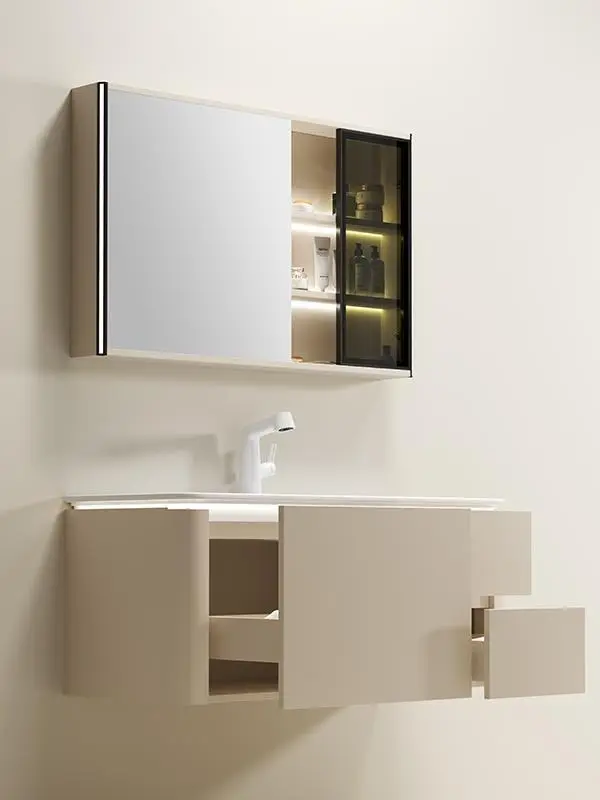 Modern Style Wooden Bathroom Cabinet Set Lacquer Finish Integrated Ceramic Wall-Mounted Basin Waterproof LED Storage Hotel — image 3