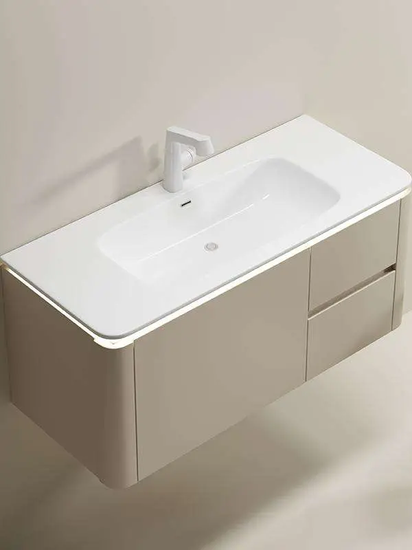 Modern Style Wooden Bathroom Cabinet Set Lacquer Finish Integrated Ceramic Wall-Mounted Basin Waterproof LED Storage Hotel — image 4
