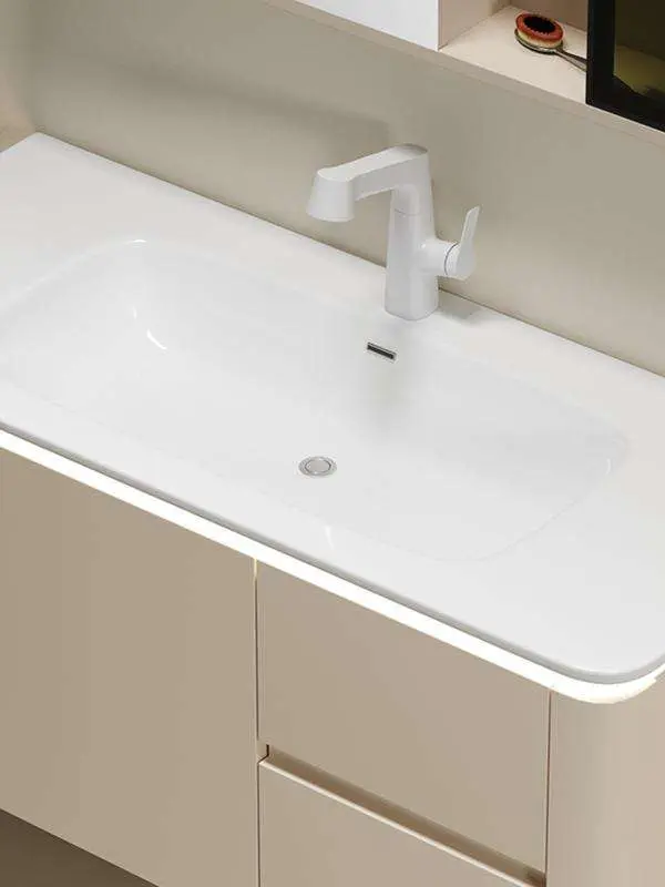 Modern Style Wooden Bathroom Cabinet Set Lacquer Finish Integrated Ceramic Wall-Mounted Basin Waterproof LED Storage Hotel — image 5