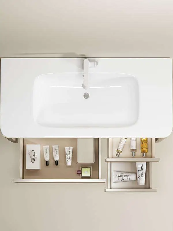 Modern Style Wooden Bathroom Cabinet Set Lacquer Finish Integrated Ceramic Wall-Mounted Basin Waterproof LED Storage Hotel — image 6