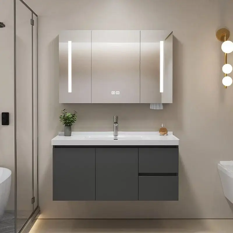 Modern Hotel LED Mirror Stainless Steel Drainer Bathroom Vanity Cabinet Solid Wood Plywood Melamine Board MDF Toilet Furniture — image 2