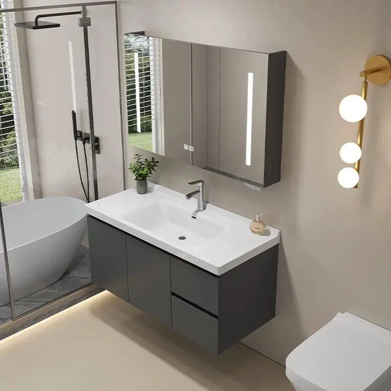 Modern Hotel LED Mirror Stainless Steel Drainer Bathroom Vanity Cabinet Solid Wood Plywood Melamine Board MDF Toilet Furniture — image 3