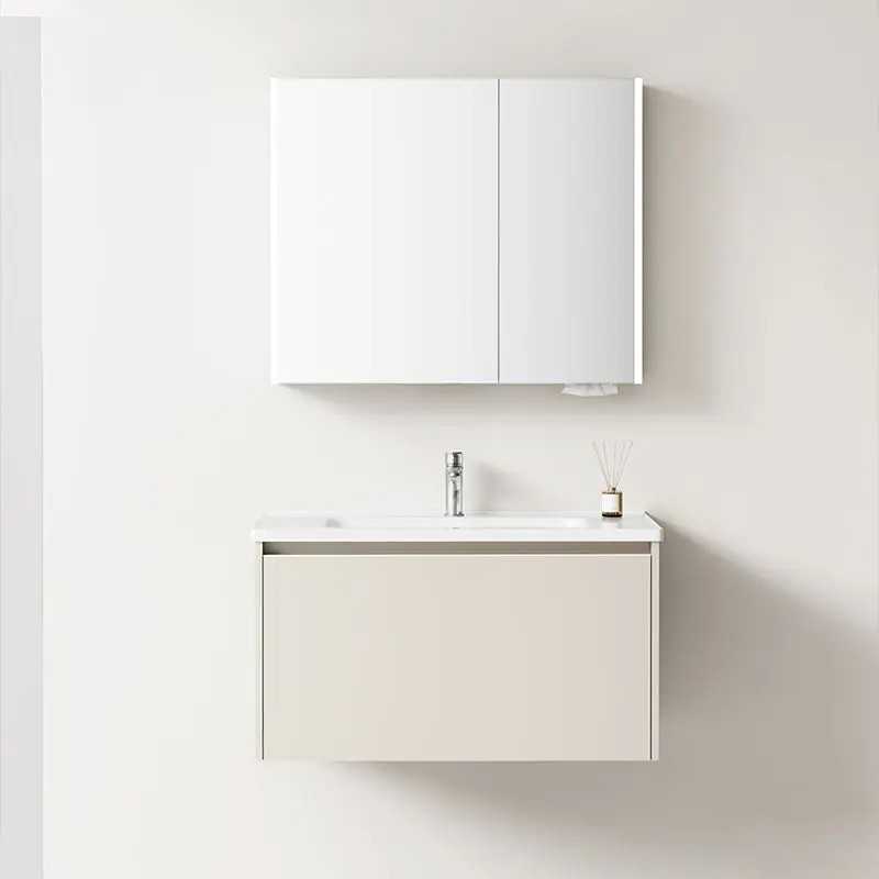 Modern Waterproof Floating Wall-Mounted Wooden Bathroom Cabinet LED Mirror Wall Hung Hanging Ceramic Wash Basin 5 Year W — view 1