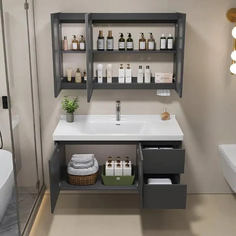 Modern Hotel LED Mirror Stainless Steel Drainer Bathroom Vanity Cabinet Solid Wood Plywood Melamine Board MDF Toilet Furniture — image 4