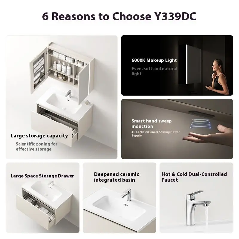 Modern Waterproof Floating Wall-Mounted Wooden Bathroom Cabinet LED Mirror Wall Hung Hanging Ceramic Wash Basin 5 Year Warranty — image 4