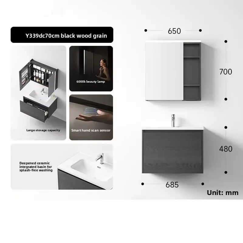 Modern Waterproof Floating Wall-Mounted Wooden Bathroom Cabinet LED Mirror Wall Hung Hanging Ceramic Wash Basin 5 Year Warranty — image 7