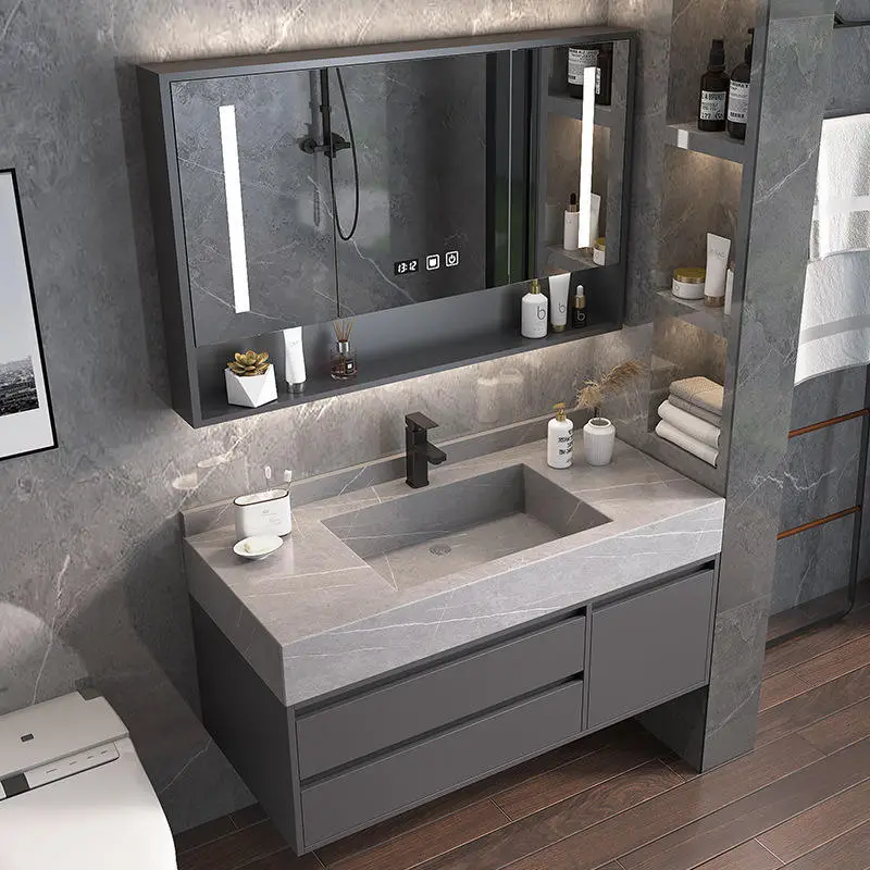 Modern Solid Wood Floating Vanity Grey Marbled Bathroom Wall Mounted Wall-Hung Mirror Cabinet for Hotels — view 1