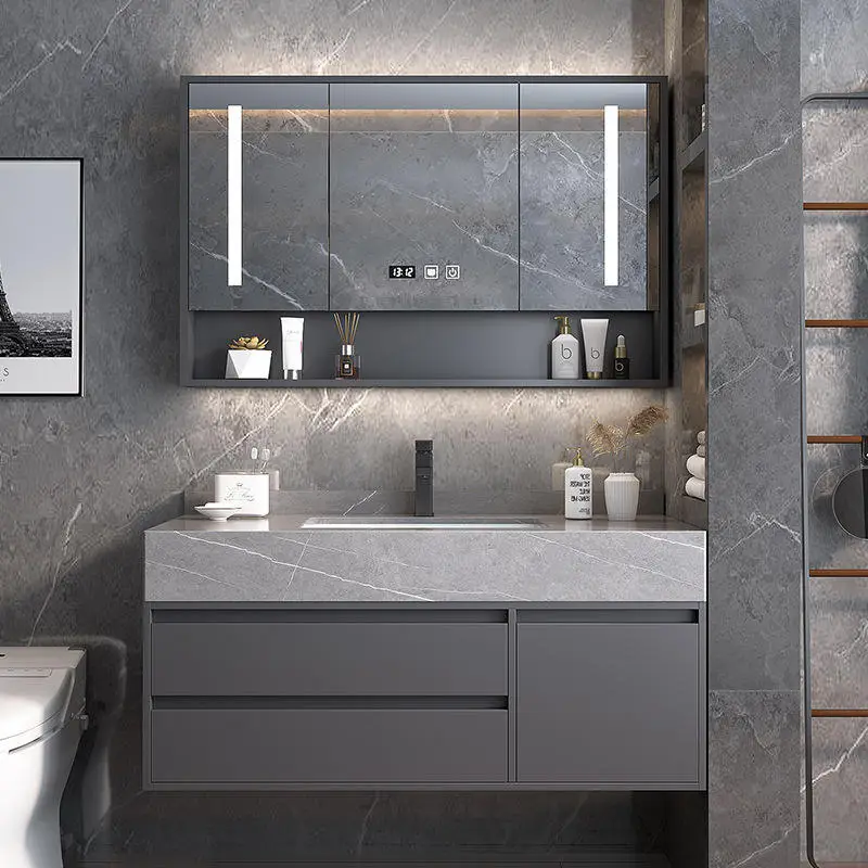 Modern Solid Wood Floating Vanity Grey Marbled Bathroom Wall Mounted Wall-Hung Mirror Cabinet for Hotels — image 3