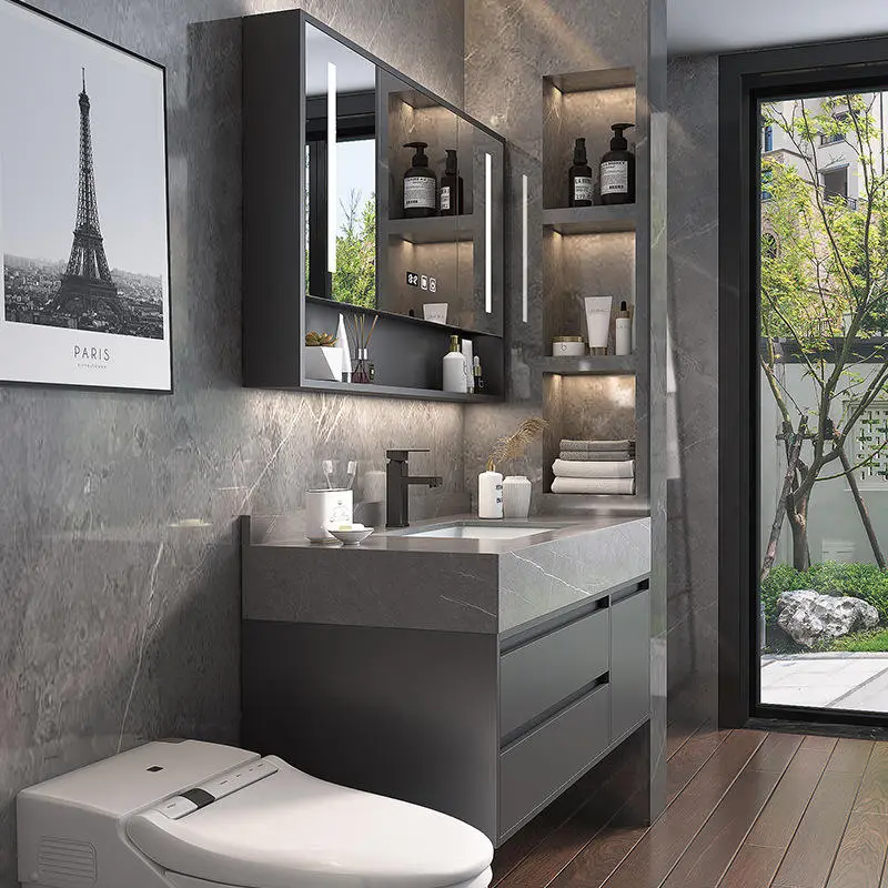 Modern Solid Wood Floating Vanity Grey Marbled Bathroom Wall Mounted Wall-Hung Mirror Cabinet for Hotels — image 4