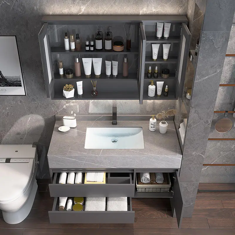 Modern Solid Wood Floating Vanity Grey Marbled Bathroom Wall Mounted Wall-Hung Mirror Cabinet for Hotels — image 5