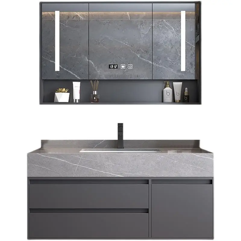 Modern Solid Wood Floating Vanity Grey Marbled Bathroom Wall Mounted Wall-Hung Mirror Cabinet for Hotels — image 6
