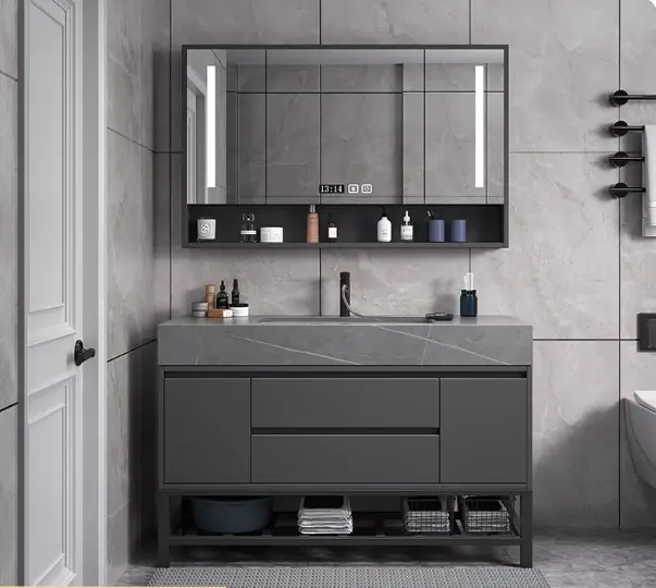Modern Grey Bathroom Vanity Set with LED Mirror Storage and Seamless Washbasin Bathroom Vanity Lighting — view 1