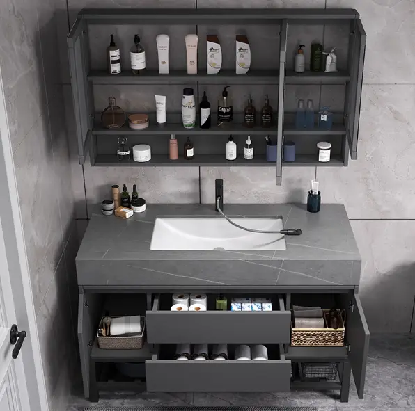 Modern Grey Bathroom Vanity Set with LED Mirror Storage and Seamless Washbasin Bathroom Vanity Lighting — image 2
