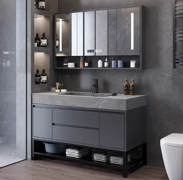 Modern Grey Bathroom Vanity Set with LED Mirror Storage and Seamless Washbasin Bathroom Vanity Lighting — image 3