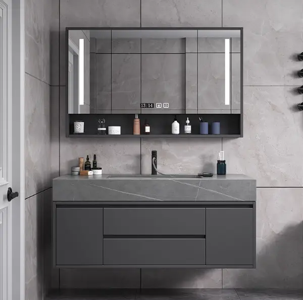 Modern Grey Bathroom Vanity Set with LED Mirror Storage and Seamless Washbasin Bathroom Vanity Lighting — image 4
