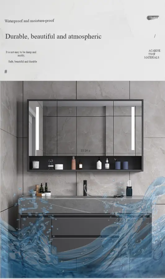 Modern Grey Bathroom Vanity Set with LED Mirror Storage and Seamless Washbasin Bathroom Vanity Lighting — image 6