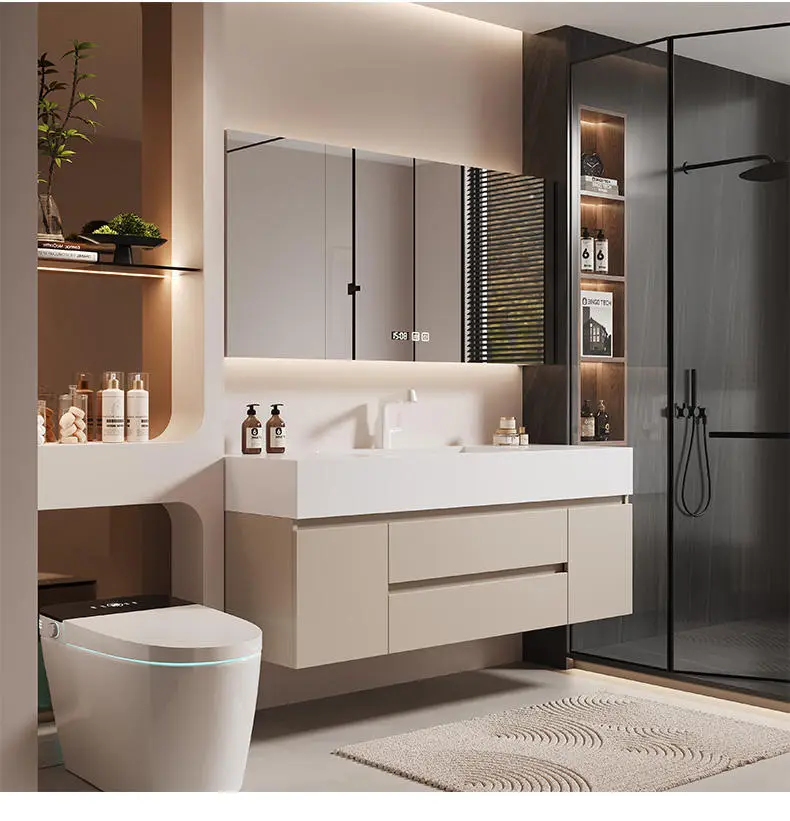 Solid Wood Cream Style Bathroom Cabinet Luxury Light Washstand Sink with Integrated Ceramic Basin for Hotels — image 2