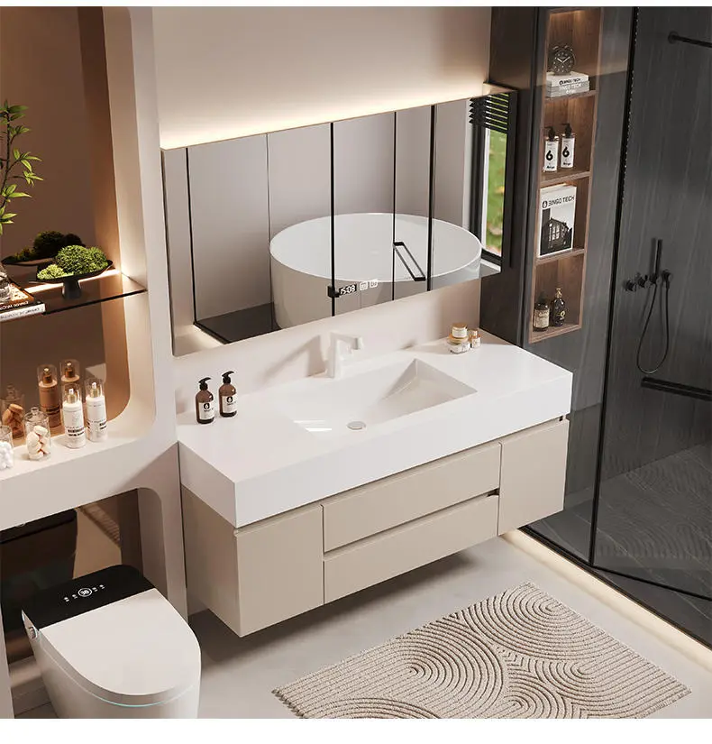 Solid Wood Cream Style Bathroom Cabinet Luxury Light Washstand Sink with Integrated Ceramic Basin for Hotels — image 3
