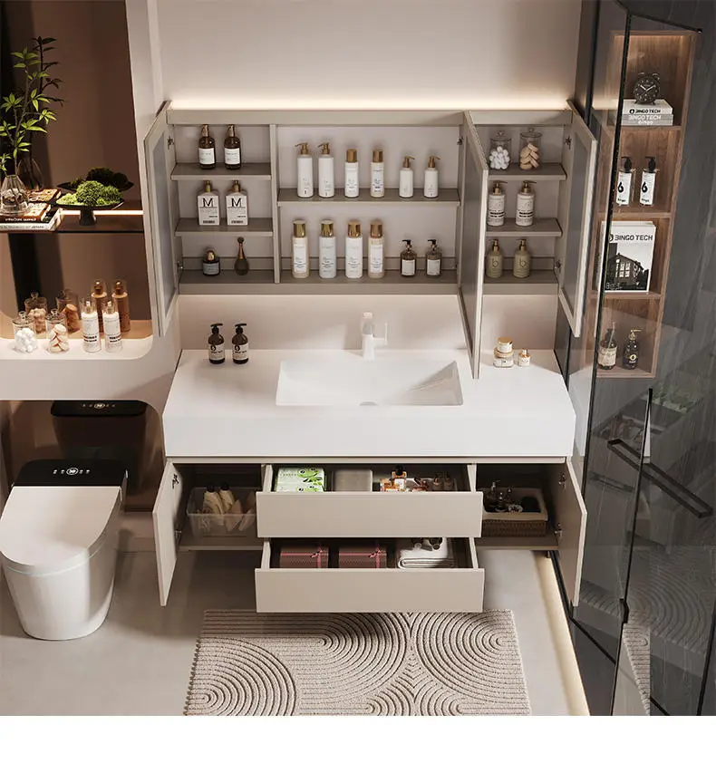 Solid Wood Cream Style Bathroom Cabinet Luxury Light Washstand Sink with Integrated Ceramic Basin for Hotels — image 4