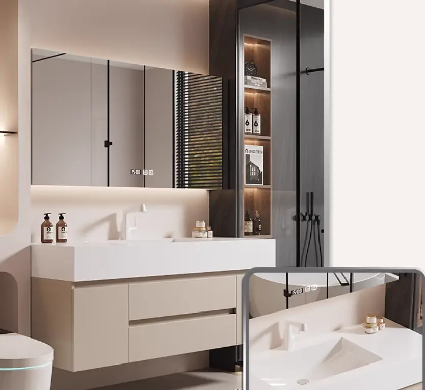 Solid Wood Cream Style Bathroom Cabinet Luxury Light Washstand Sink with Integrated Ceramic Basin for Hotels — image 5