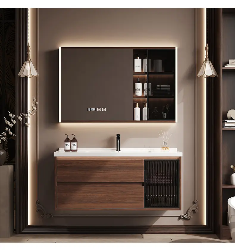 Modern Chinese Walnut Color Bathroom Cabinet Set Solid Wood Lacquer Finish Waterproof Integrated Ceramic Washbasin Sink — view 1