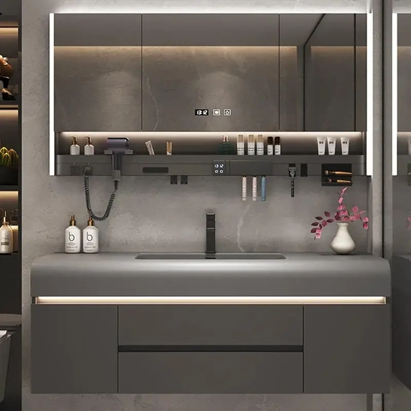 Wholesale Modern Luxury Villa Bathroom Sets Vanities Wash Basin Sink Furniture Wooden Bathroom Vanity Cabinet Smart Mirror — image 2