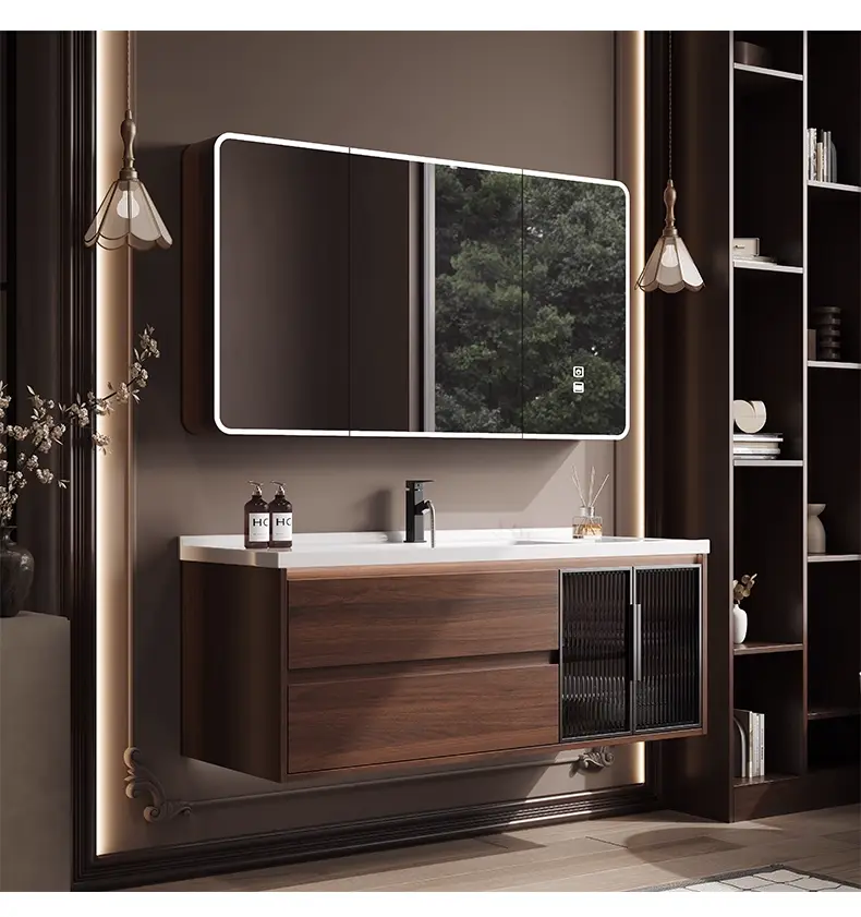 Modern Chinese Walnut Color Bathroom Cabinet Set Solid Wood Lacquer Finish Waterproof Integrated Ceramic Washbasin Sink Hotels — image 2