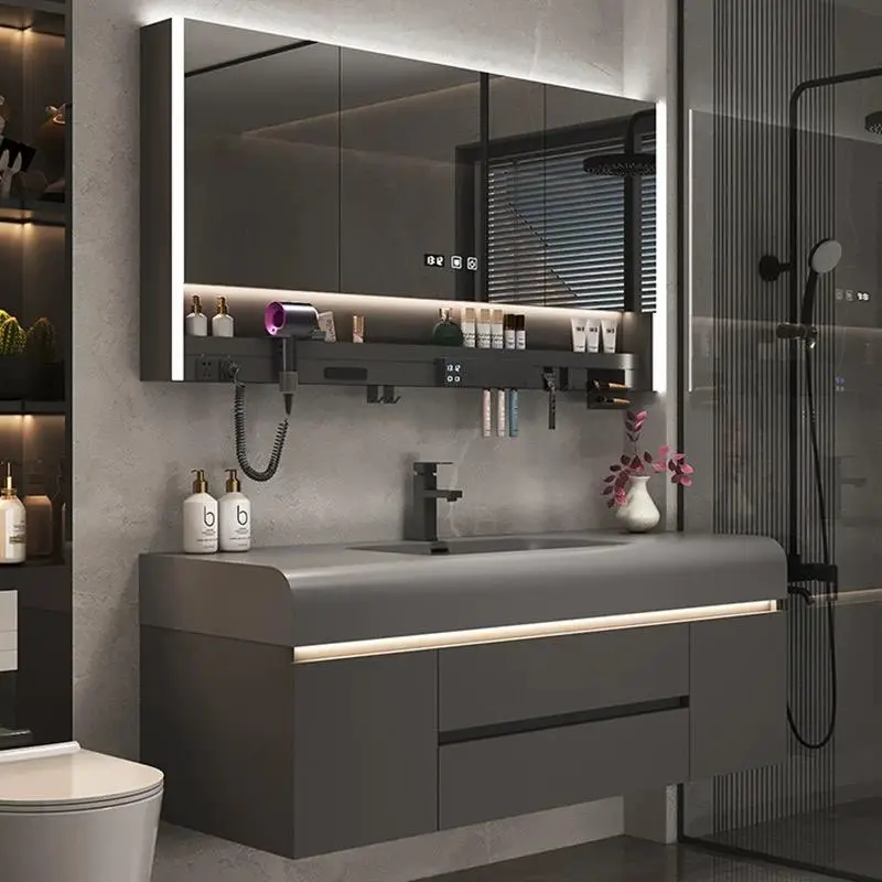 Wholesale Modern Luxury Villa Bathroom Sets Vanities Wash Basin Sink Furniture Wooden Bathroom Vanity Cabinet Smart Mirror — image 3