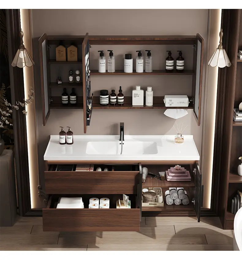 Modern Chinese Walnut Color Bathroom Cabinet Set Solid Wood Lacquer Finish Waterproof Integrated Ceramic Washbasin Sink Hotels — image 3