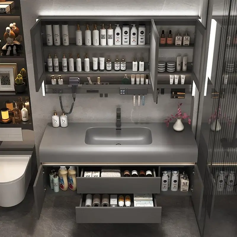 Wholesale Modern Luxury Villa Bathroom Sets Vanities Wash Basin Sink Furniture Wooden Bathroom Vanity Cabinet Smart Mirror — image 4