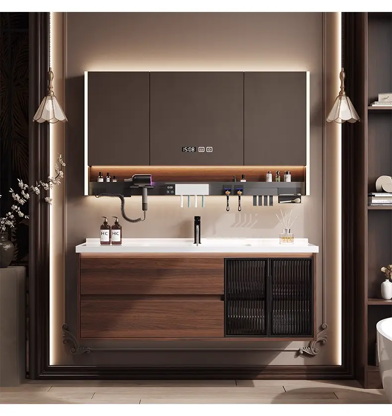 Modern Chinese Walnut Color Bathroom Cabinet Set Solid Wood Lacquer Finish Waterproof Integrated Ceramic Washbasin Sink Hotels — image 4