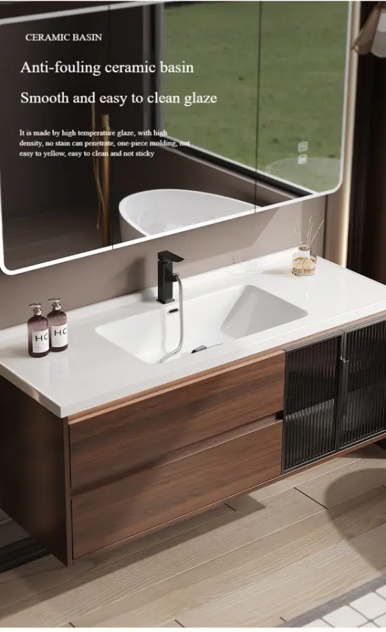 Modern Chinese Walnut Color Bathroom Cabinet Set Solid Wood Lacquer Finish Waterproof Integrated Ceramic Washbasin Sink Hotels — image 5