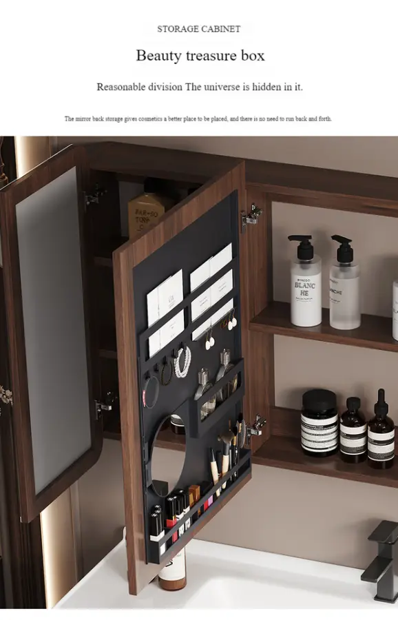 Modern Chinese Walnut Color Bathroom Cabinet Set Solid Wood Lacquer Finish Waterproof Integrated Ceramic Washbasin Sink Hotels — image 6