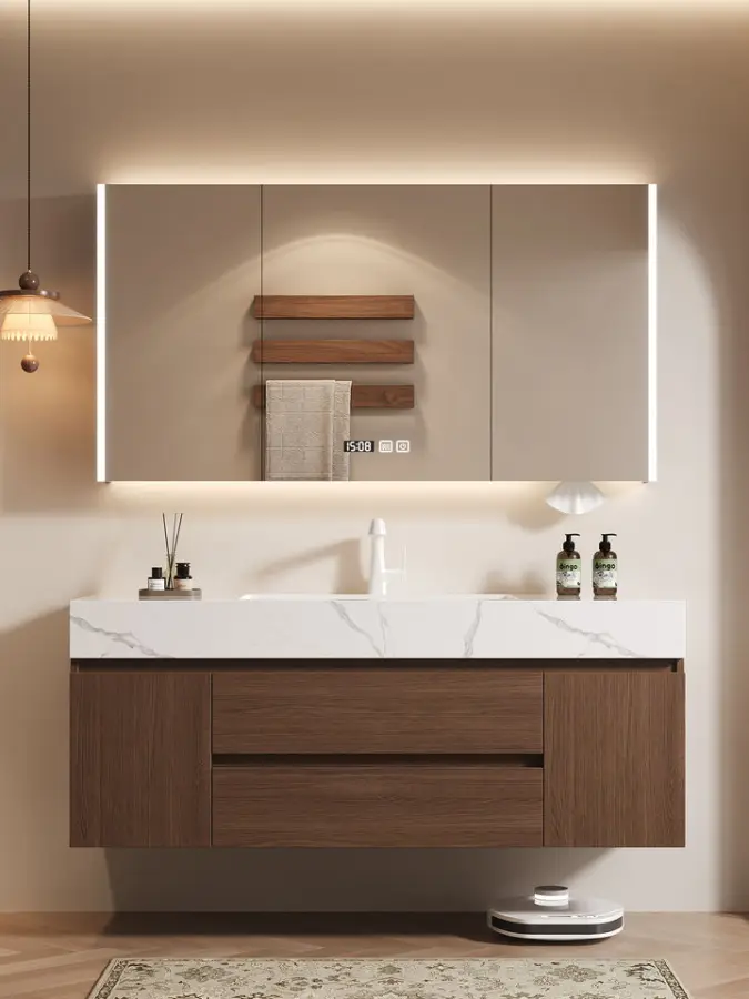 Luxury Modern Brown Bathroom Vanity High-Capacity Single Vanity Cabinet with Smart Mirror Wall-Mounted MDF Material Whol — view 1