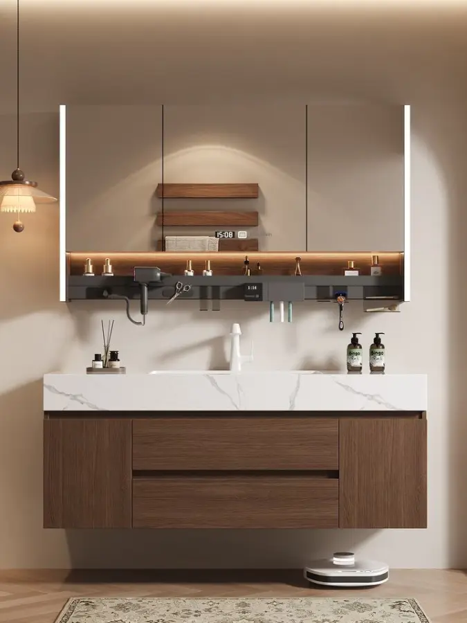 Luxury Modern Brown Bathroom Vanity High-Capacity Single Vanity Cabinet with Smart Mirror Wall-Mounted MDF Material Whol — view 3