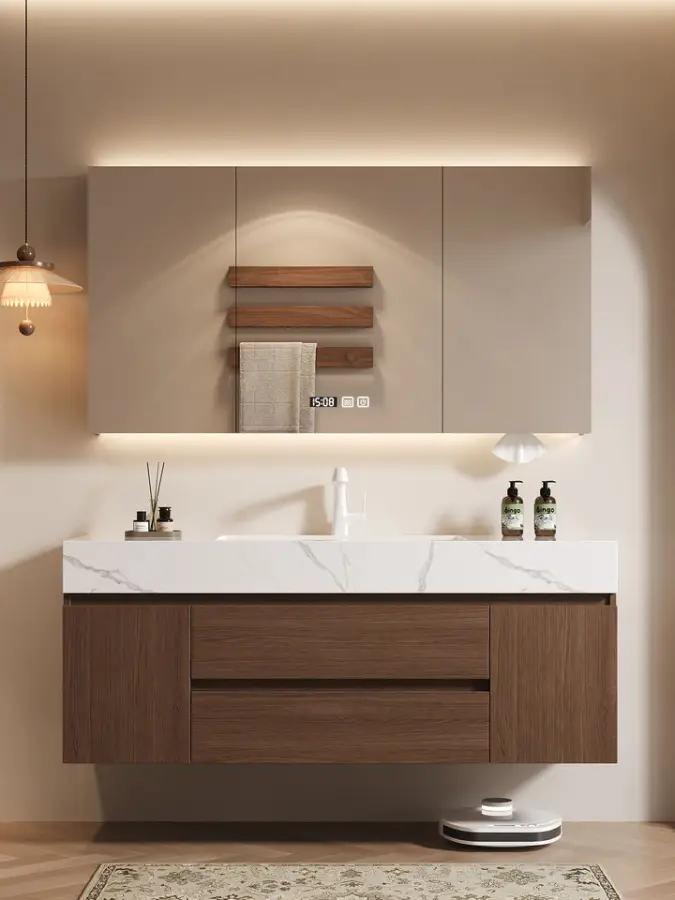 Luxury Modern Brown Bathroom Vanity High-Capacity Single Vanity Cabinet with Smart Mirror Wall-Mounted MDF Material Whol — view 4