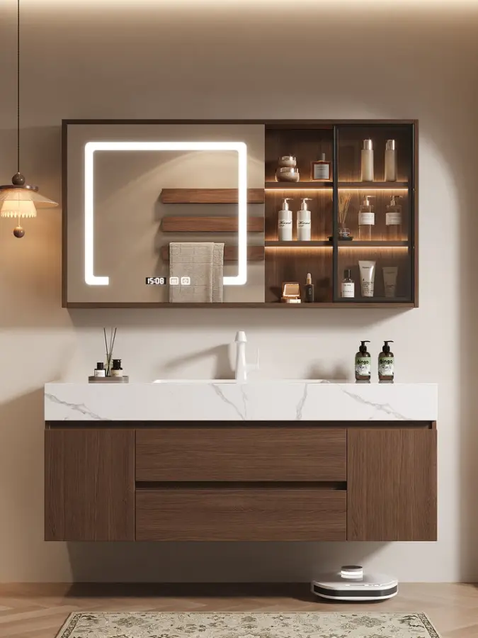 Luxury Modern Brown Bathroom Vanity High-Capacity Single Vanity Cabinet with Smart Mirror Wall-Mounted MDF Material Whol — view 5