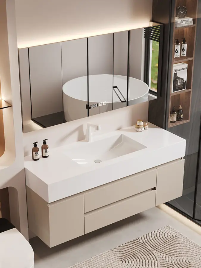 Integrated Ceramic Basin Combination Modern Simple Creamy Style Bathroom Cabinet Smart Waterproof Wall-Mounted for Hotel — view 1