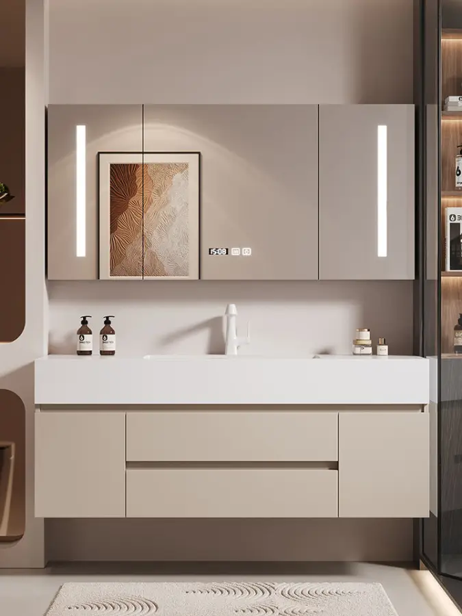 Integrated Ceramic Basin Combination Modern Simple Creamy Style Bathroom Cabinet Smart Waterproof Wall-Mounted for Hotel — view 3