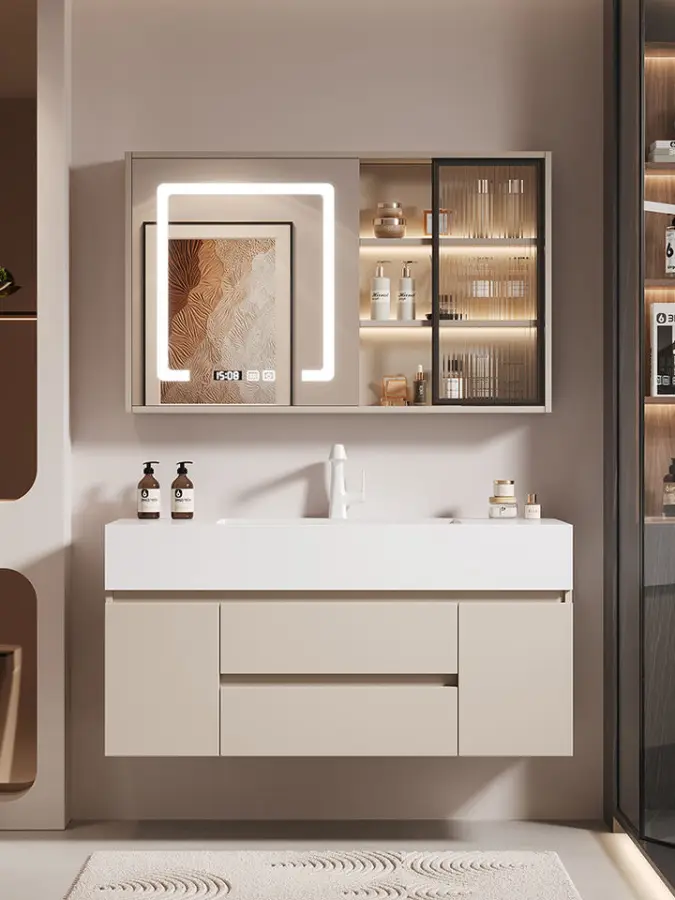 Integrated Ceramic Basin Combination Modern Simple Creamy Style Bathroom Cabinet Smart Waterproof Wall-Mounted for Hotel — view 4