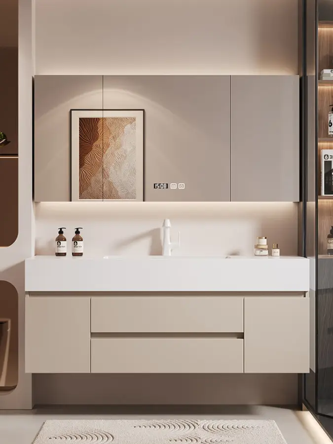 Integrated Ceramic Basin Combination Modern Simple Creamy Style Bathroom Cabinet Smart Waterproof Wall-Mounted for Hotel — view 5
