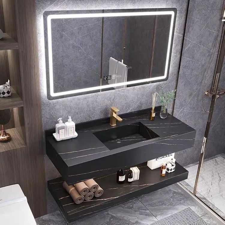 Nordic Modern Rock Board All-in-One Basin Bathroom Cabinet Copper Drainer Mirror Floor Standing Intelligent Light Luxury — view 1