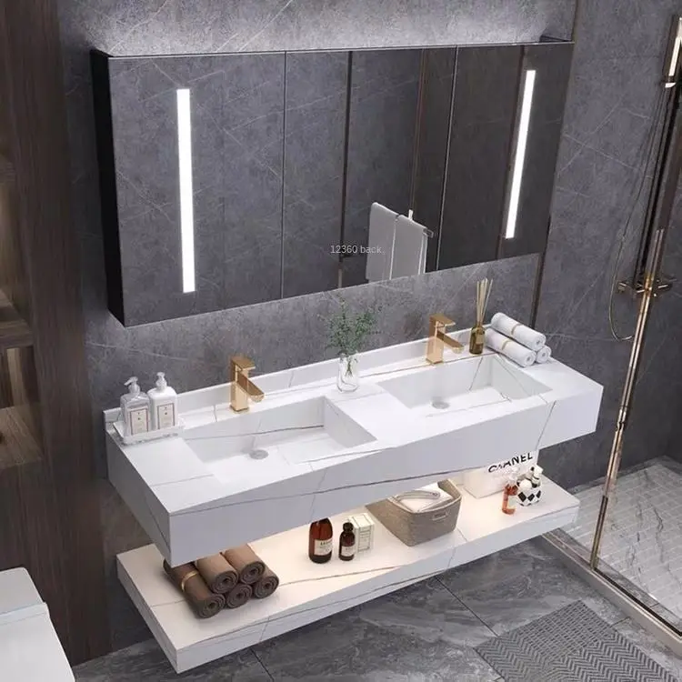 Nordic Modern Rock Board All-in-One Basin Bathroom Cabinet Copper Drainer Mirror Floor Standing Intelligent Light Luxury Design — image 2