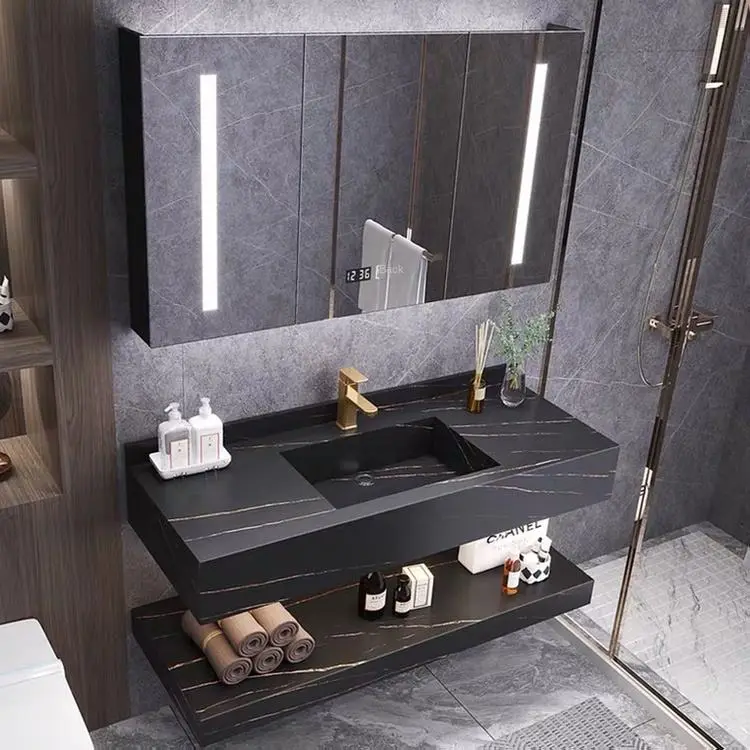 Nordic Modern Rock Board All-in-One Basin Bathroom Cabinet Copper Drainer Mirror Floor Standing Intelligent Light Luxury Design — image 3