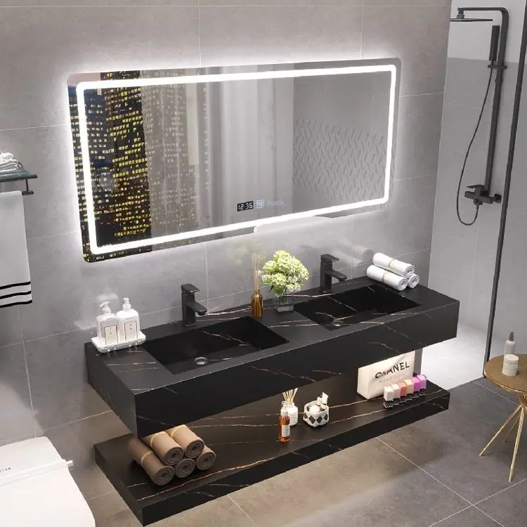 Nordic Modern Rock Board All-in-One Basin Bathroom Cabinet Copper Drainer Mirror Floor Standing Intelligent Light Luxury Design — image 4