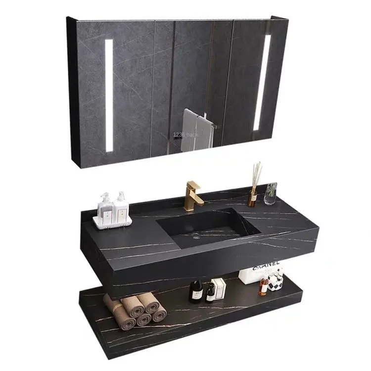 Nordic Modern Rock Board All-in-One Basin Bathroom Cabinet Copper Drainer Mirror Floor Standing Intelligent Light Luxury Design — image 5