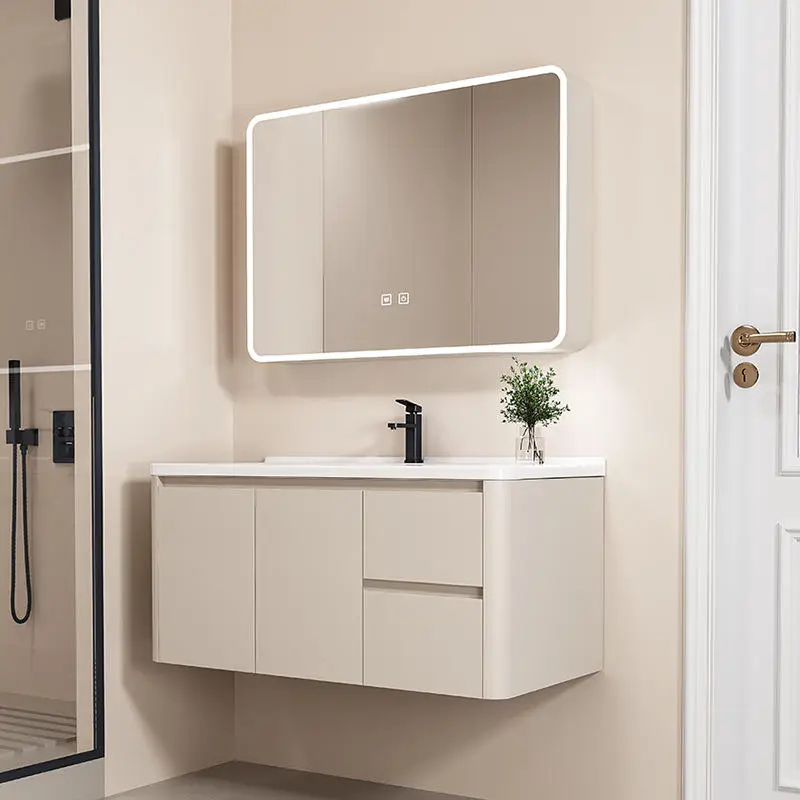Factory Wholesale Modern Luxury Cream Style Aluminum Wall-Mounted Smart Mirror Bathroom Vanity Cabinet 3-Year Warranty for Hotel — image 4